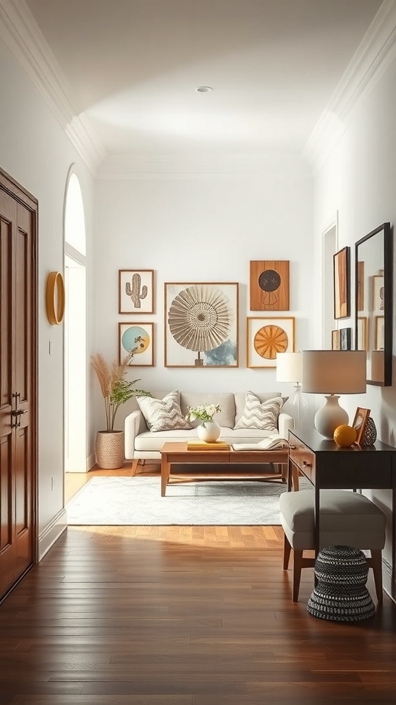 A stylish entryway featuring a cozy seating area, a table, and an artistic wall display with various framed artworks.