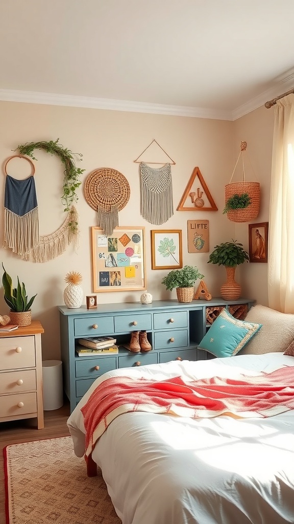 A cozy teen bedroom featuring artistic DIY decor, including wall hangings, plants, and stylish furniture.