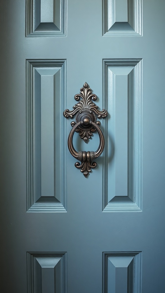 A close-up of an ornate door knocker on a blue door.