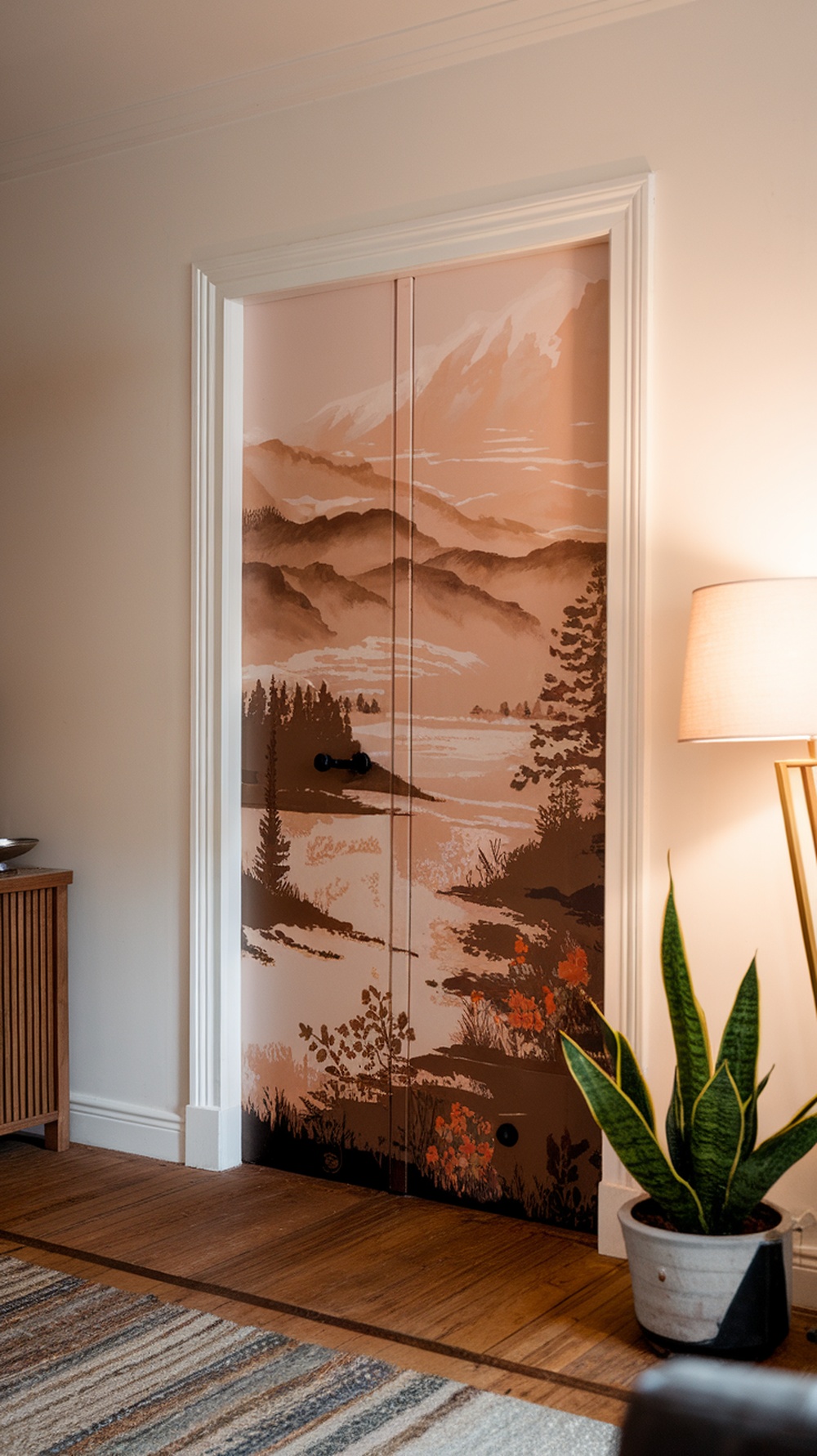A door with a painted mural of a serene landscape featuring mountains, trees, and a river.