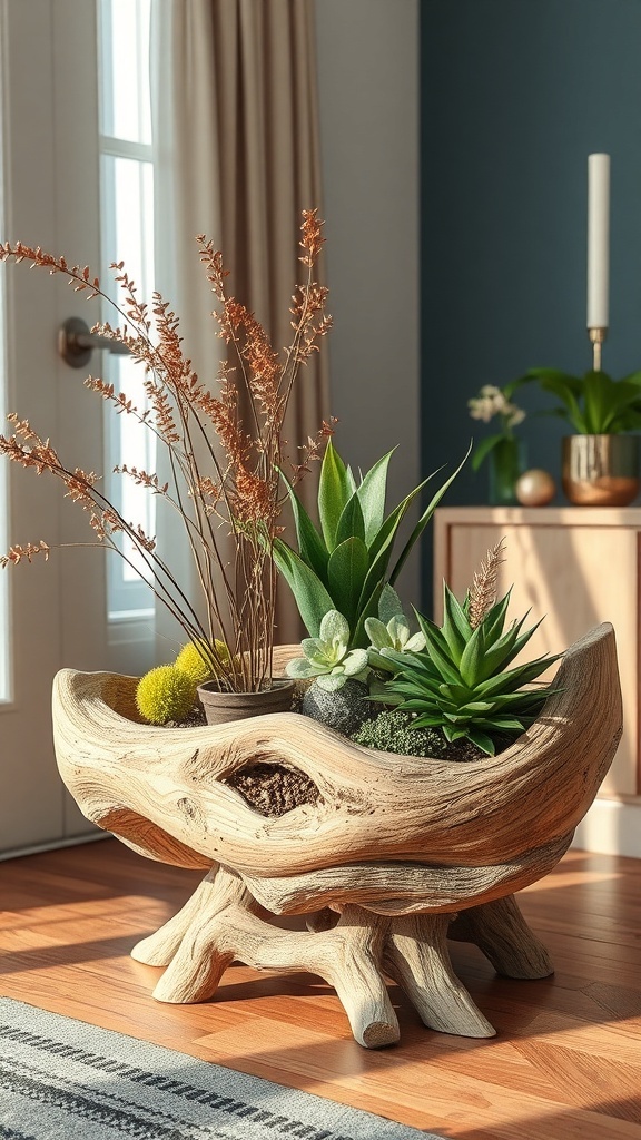 A beautifully crafted driftwood planter filled with various plants, including succulents and dried flowers, placed in a bright indoor setting.