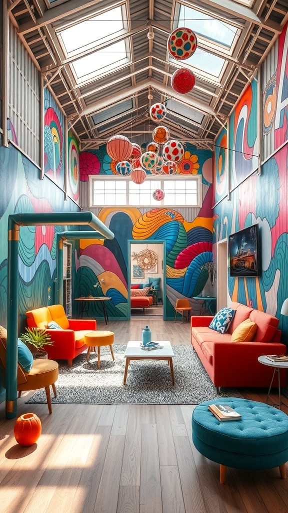 A colorful room with vibrant murals, playful hanging lights, and bright furniture, creating a lively and inviting atmosphere.