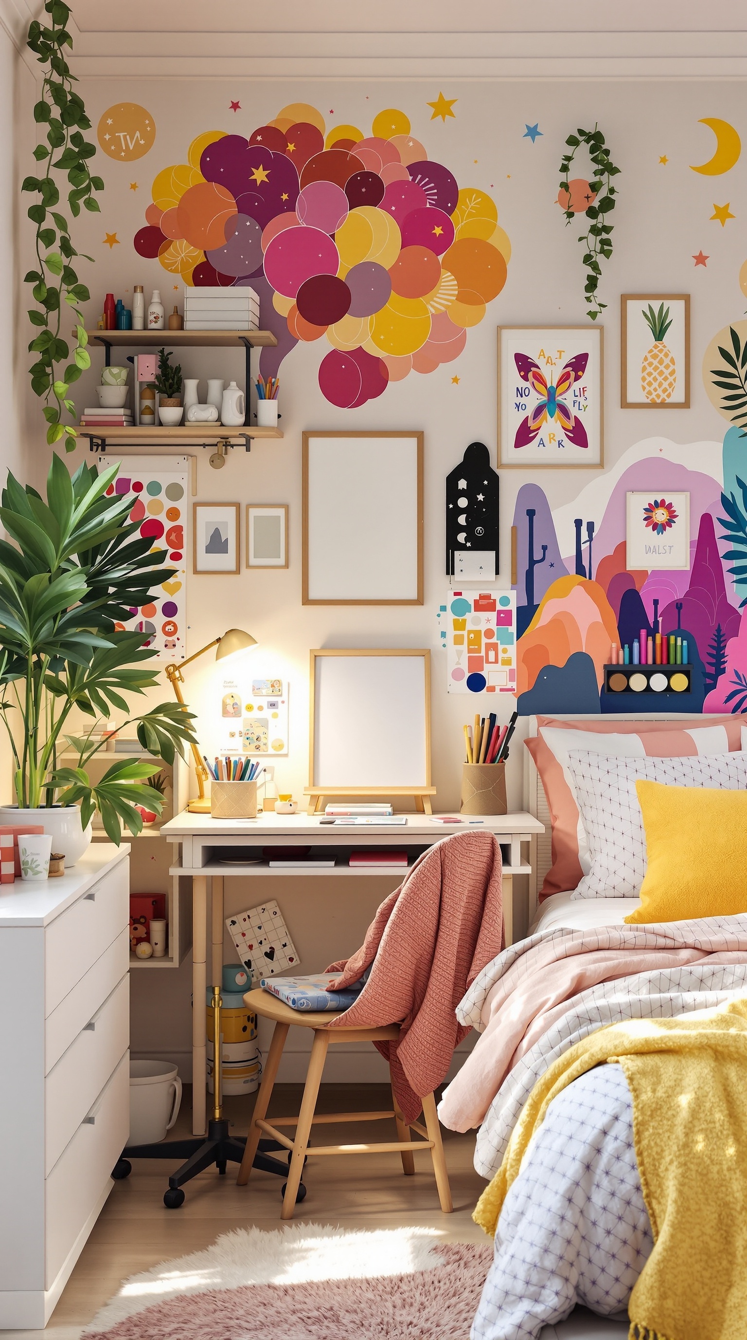 A colorful and artistic corner in a child's bedroom featuring a desk, art supplies, and vibrant wall murals.