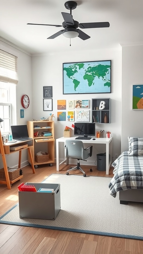 A boy's bedroom featuring a map on the wall, a desk with art supplies, and a cozy bed.
