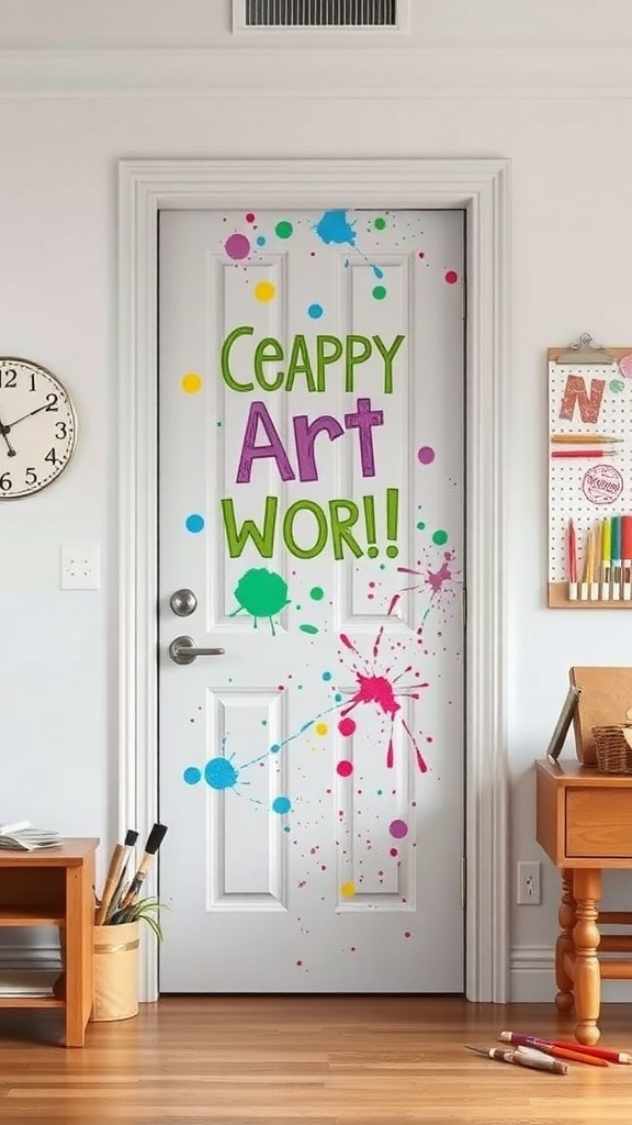 A classroom door decorated with colorful paint splashes and the words 'Ceappy Art Wor!!'
