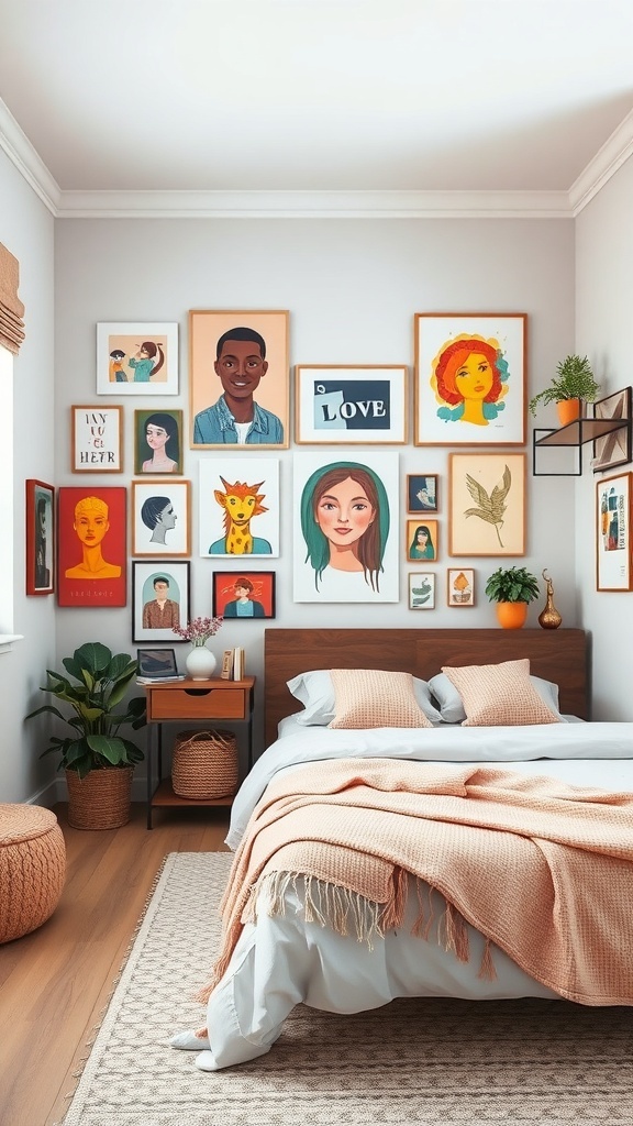 A teen bedroom featuring a colorful artistic expression wall with various framed artworks.