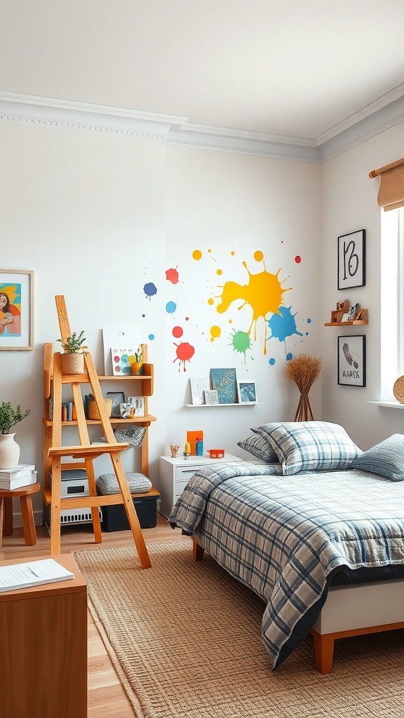 A boy's bedroom with colorful paint splashes on the wall, an easel, and cozy bedding.