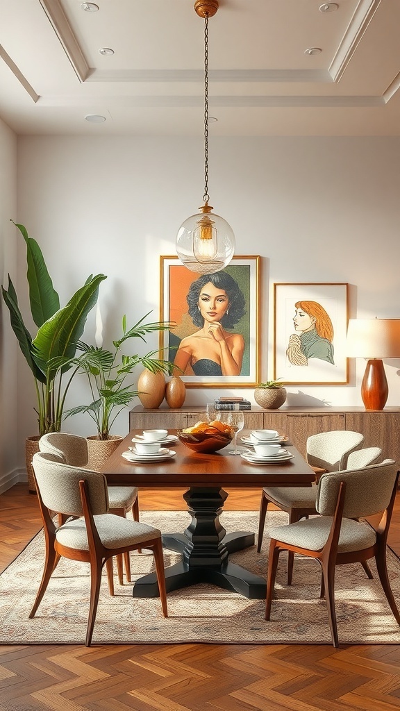A stylish dining area featuring a wooden table, comfortable chairs, and artistic wall decor.
