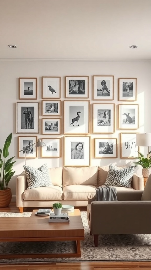 A cozy living room featuring a gallery wall with black-and-white framed photos, a beige sofa, and green plants.