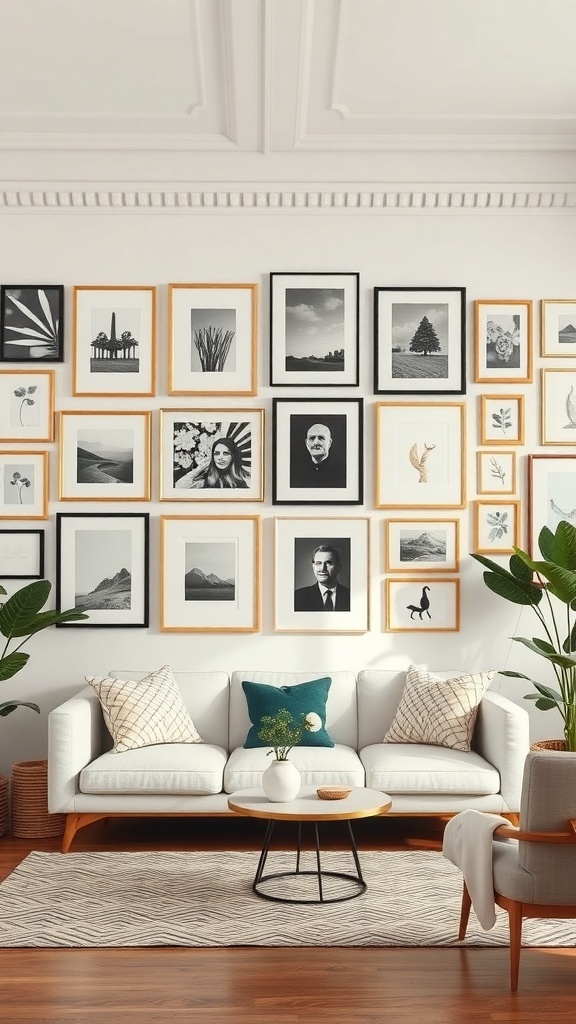 A stylish gallery wall featuring a mix of framed black and white artworks above a cozy couch.