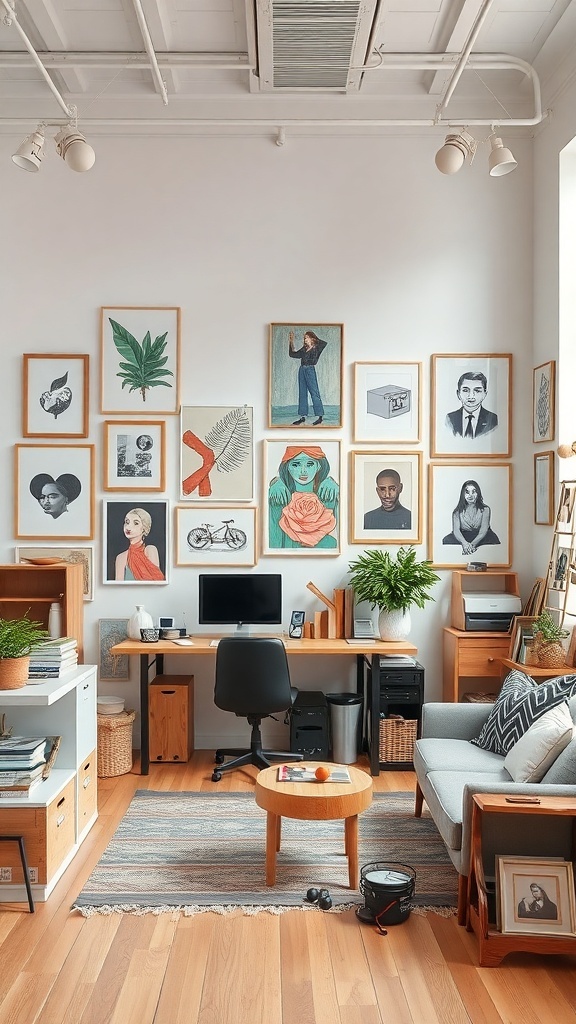 A stylish home office featuring a gallery wall with various framed artworks, a desk, and a cozy seating area.