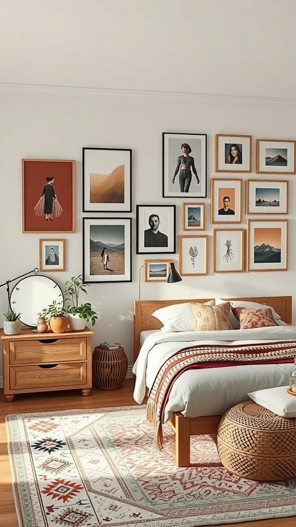 Artistic gallery wall in a romantic boho bedroom with framed pictures and plants.