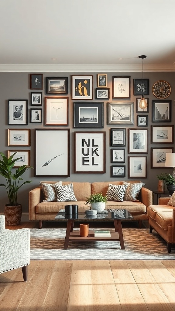 A modern living area with a gallery wall filled with various framed art pieces, two sofas, and a coffee table.