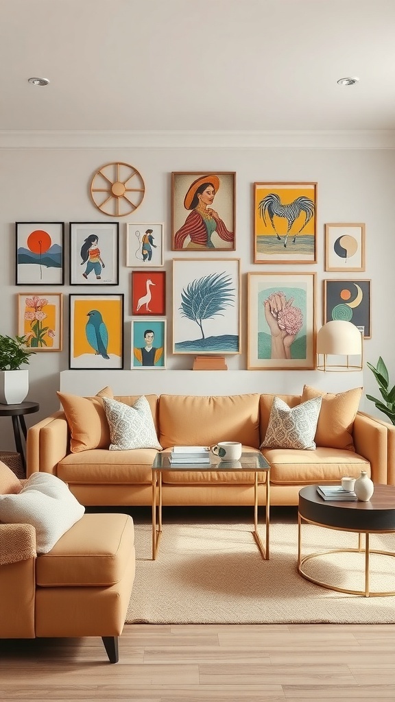 Living room featuring a tan couch with a gallery wall of colorful artwork above it.