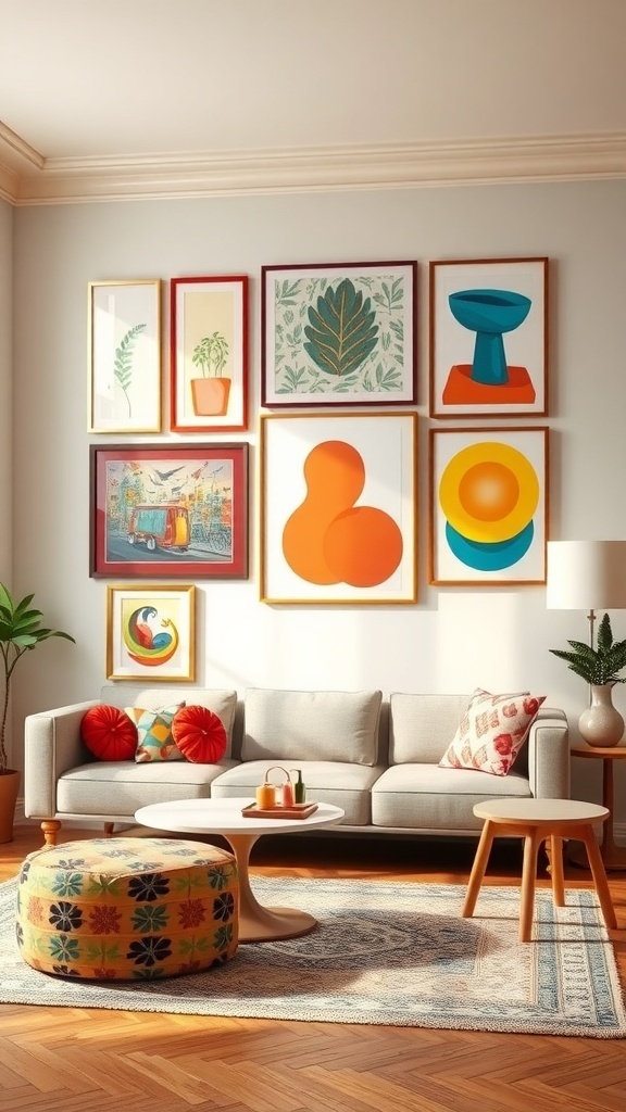 A cozy living room featuring a gallery wall with colorful canvas prints, a comfortable sofa, and a round coffee table.
