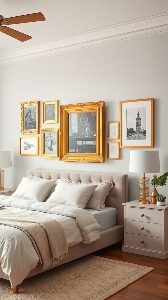 A cozy bedroom featuring a collection of gold-framed wall art above a bed with soft bedding.