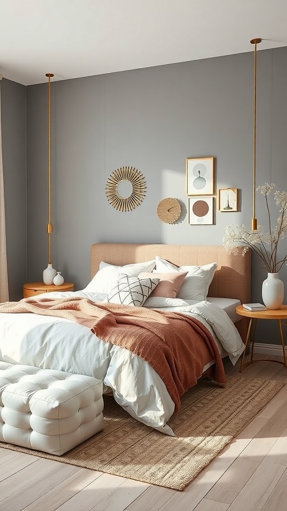 A stylish grey bedroom featuring a bed with white and orange bedding, artistic wall decor, and modern pendant lights.