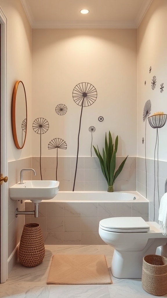 A bathroom with hand-painted dandelion designs on the walls, featuring a modern sink, a bathtub, and a plant.