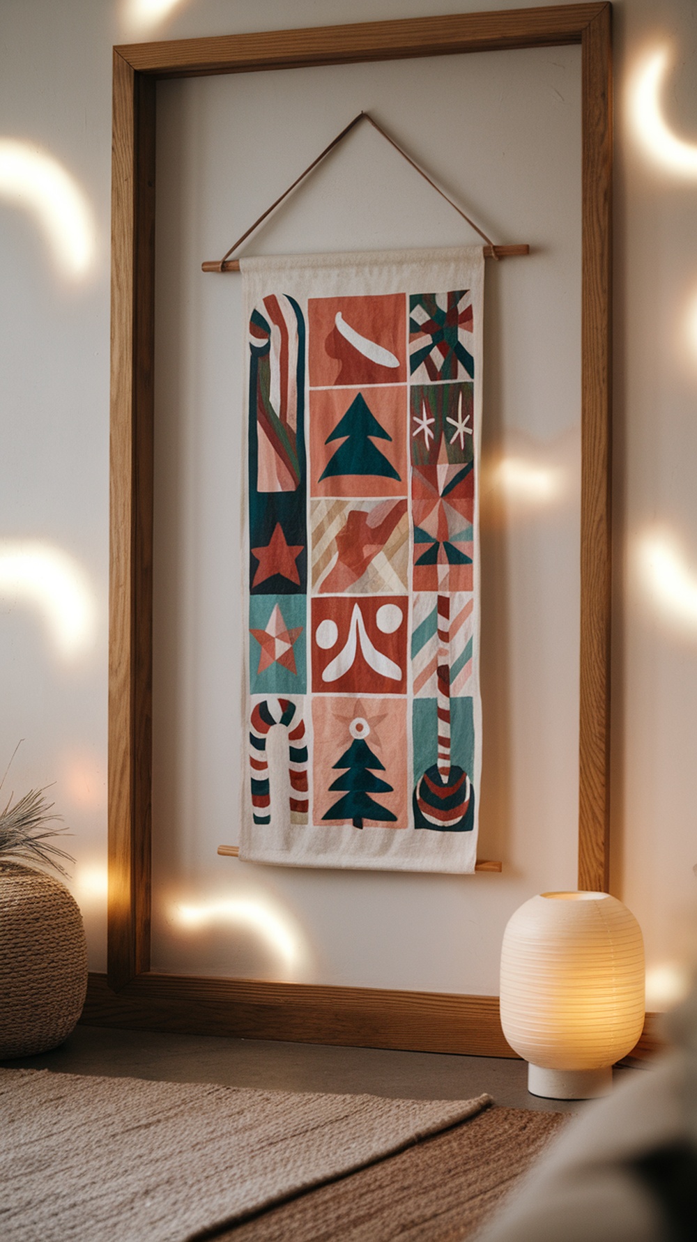 A colorful artistic holiday banner featuring Christmas symbols like trees, stars, and candy canes, framed and displayed in a cozy room.