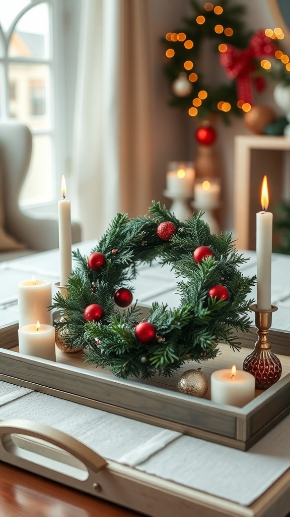 A holiday wreath displayed on a wooden tray with candles and ornaments, creating a festive atmosphere.