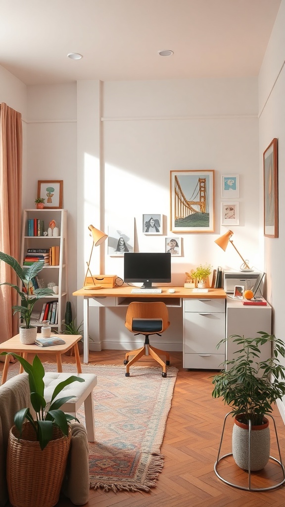 A bright and artistic home office with a wooden desk, computer, plants, and artwork on the walls.