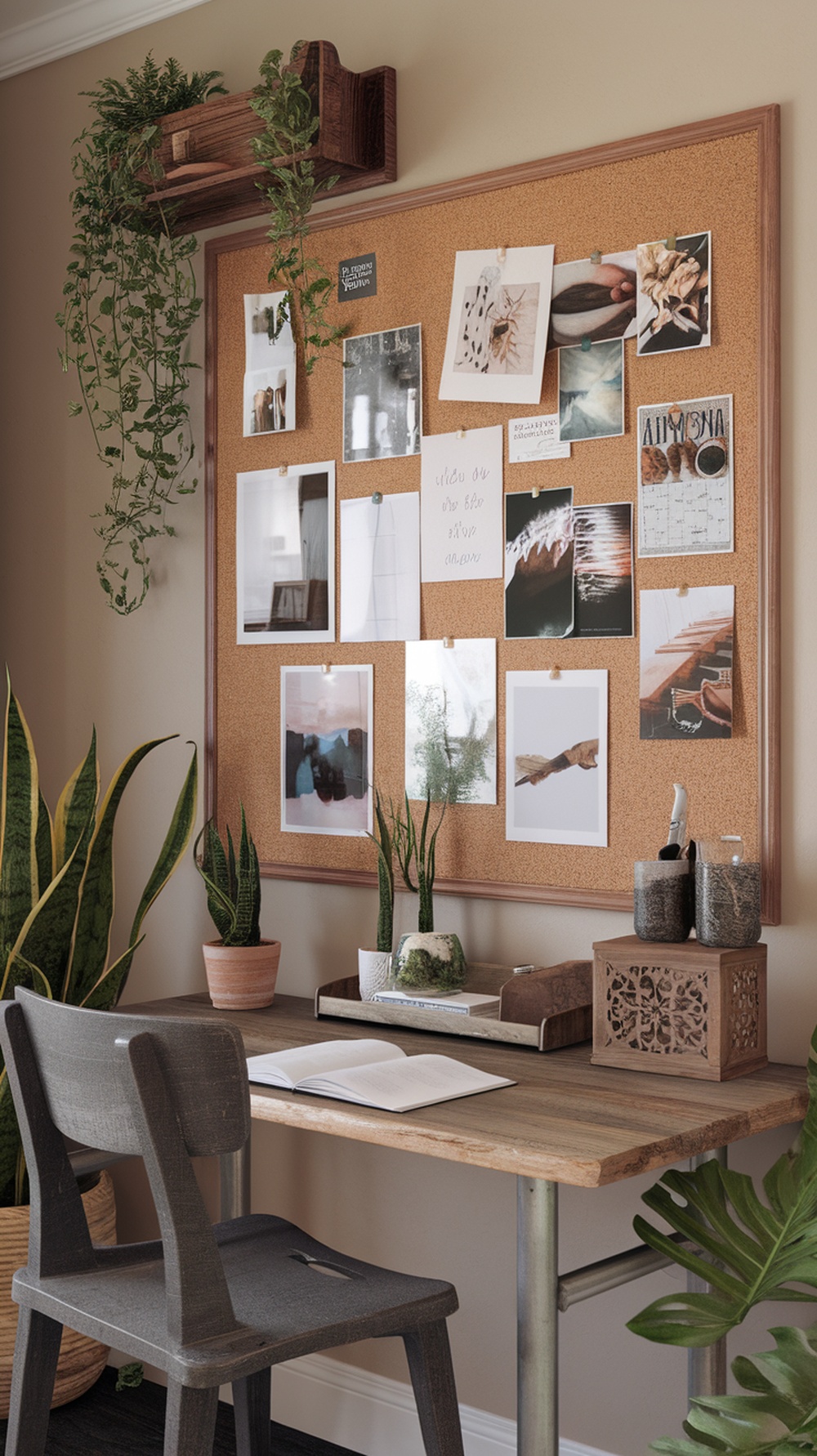 A cozy study area with a corkboard filled with inspirational images and notes, surrounded by plants and a simple desk.