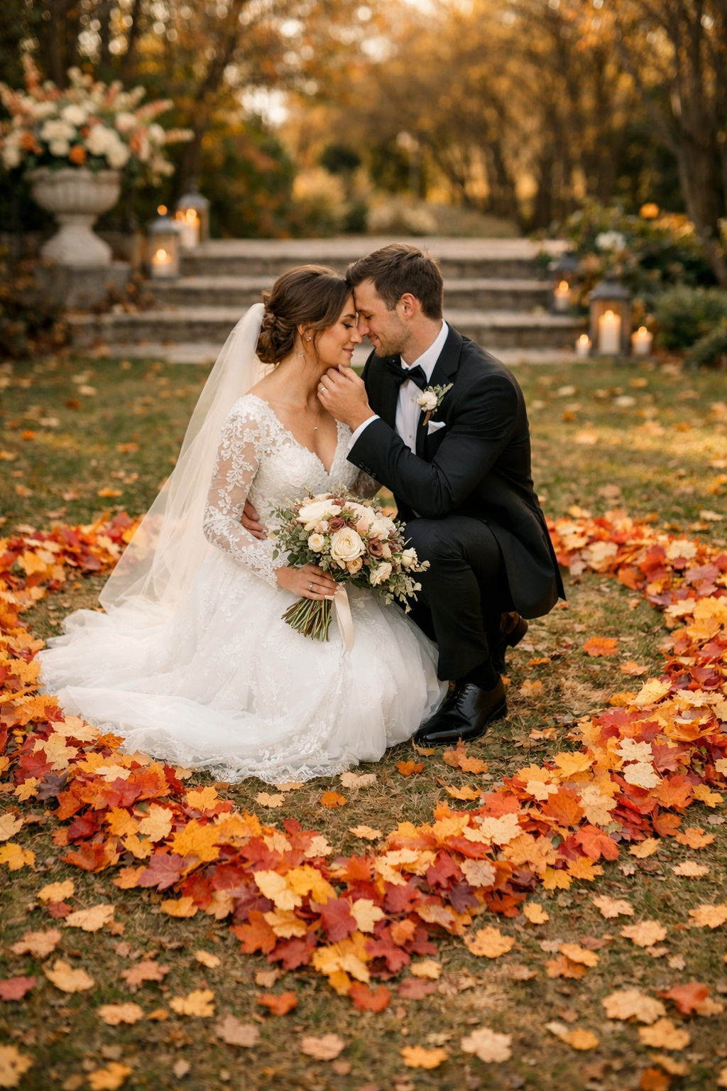 A couple posing in a heart made of autumn leaves, surrounded by trees and soft candlelight.