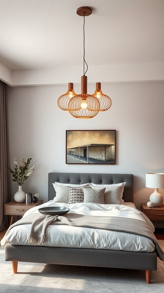 Modern bedroom featuring a stylish artistic lighting fixture above the bed.