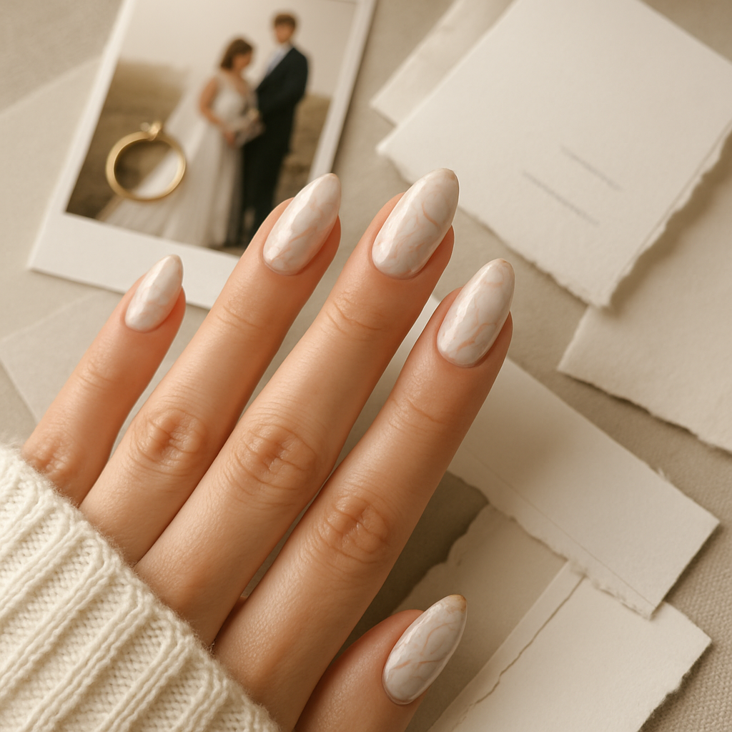 Close-up of a hand with marble effect nails, featuring a wedding photo and soft paper textures in the background.