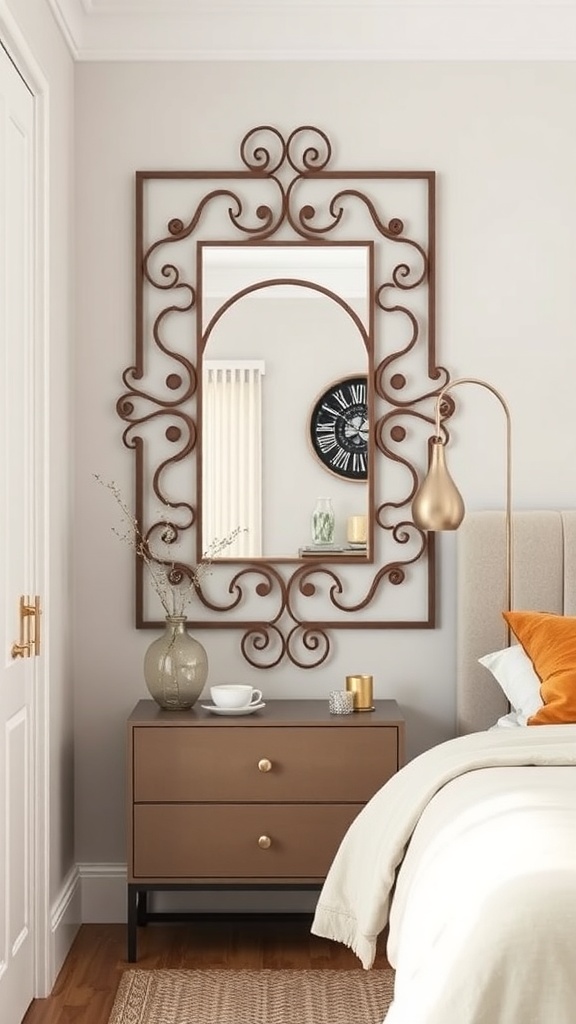 A decorative metal mirror with intricate scrollwork above a nightstand in a cozy bedroom setting.