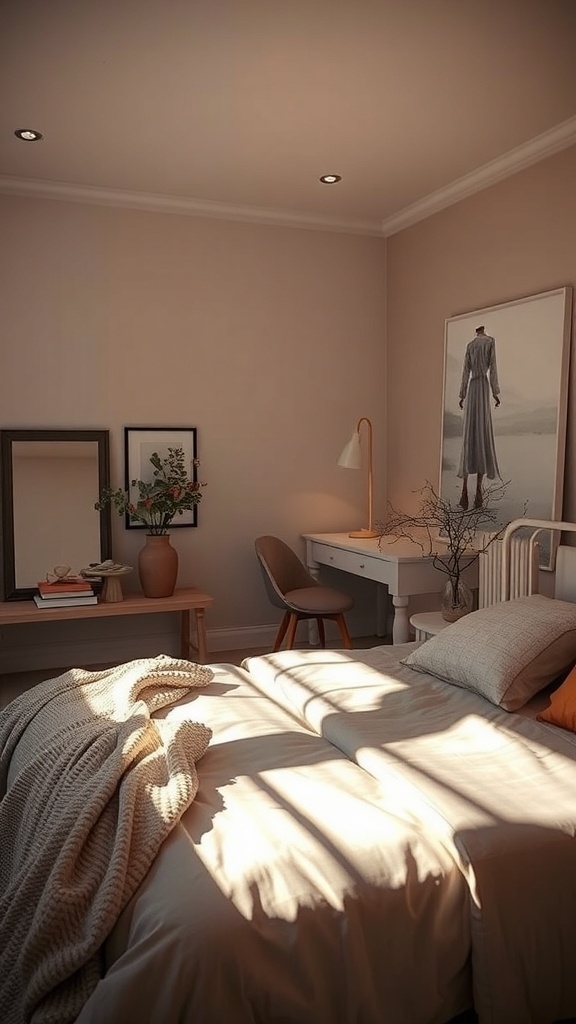 A cozy bedroom with soft lighting, showcasing a bed with a knitted blanket, a stylish desk, and decorative elements.