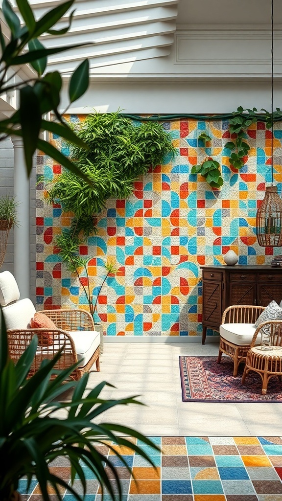 A colorful mosaic fence with various geometric patterns and greenery