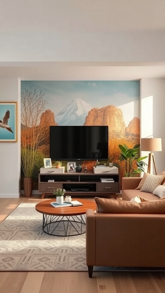 Living room with a mountain mural accent wall and a mounted TV.