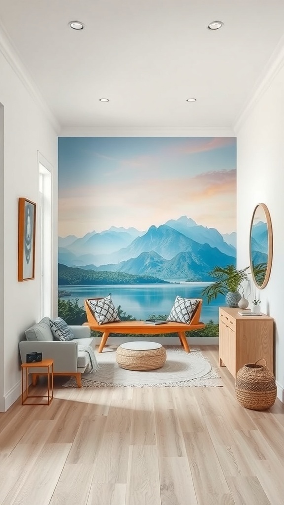 A modern entryway featuring a mountain mural, light wood flooring, and stylish furniture.
