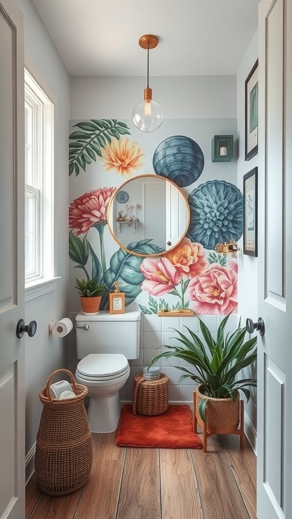 A small bathroom featuring a colorful floral mural, plants, and modern decor.