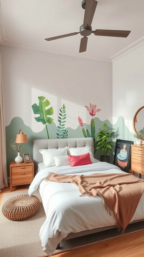 A bedroom with a mural of plants and flowers on the wall, featuring a cozy bed and warm decor.
