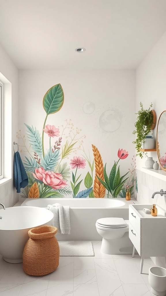 A bathroom with a floral mural on the wall, featuring a bathtub, a white vanity, and a woven basket.