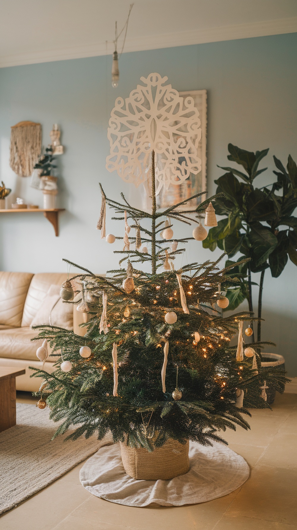 A Christmas tree with an artistic paper snowflake topper, decorated with soft ornaments and warm lights.