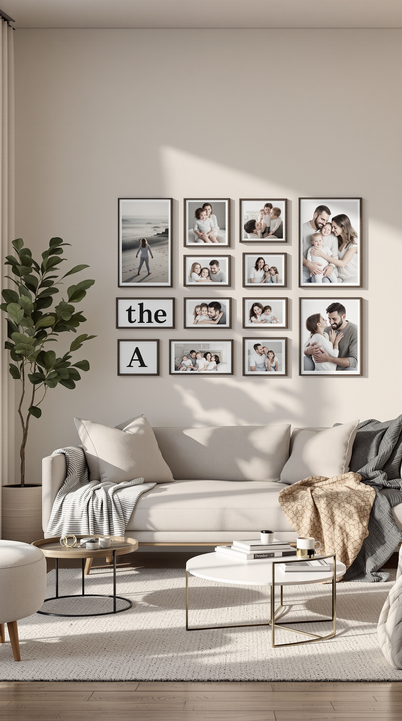 A stylish arrangement of family photos displayed on a wall, featuring various sizes and a cozy living room setting.