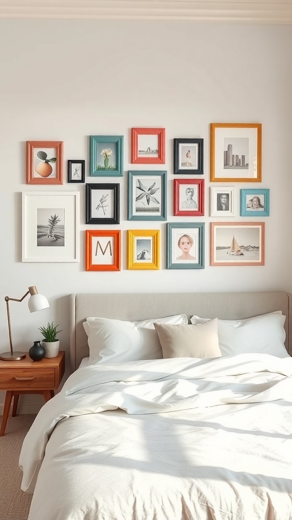 A wall decorated with colorful artistic photo frames displaying various artworks and photos.