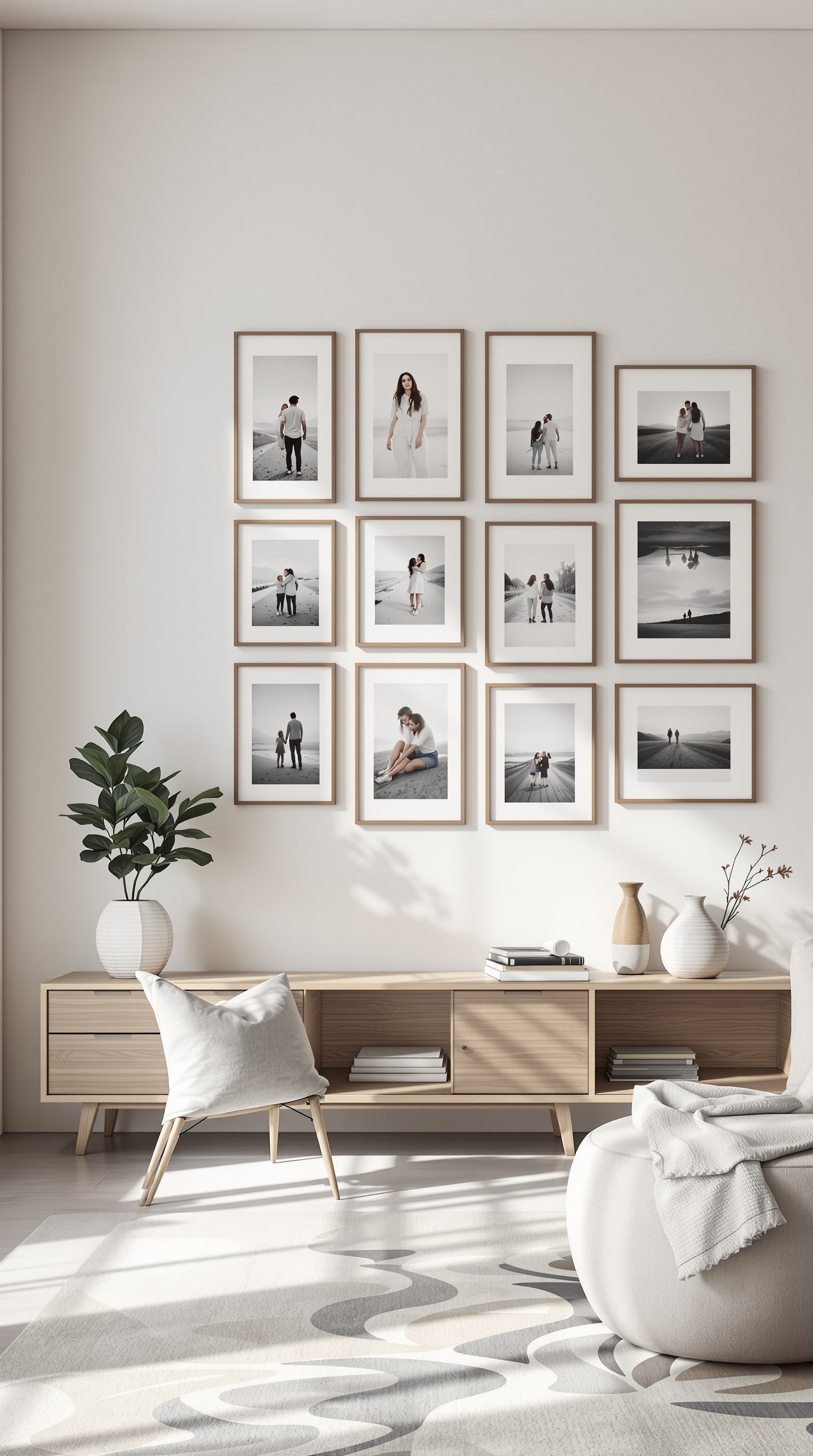 A stylish photo grid on a wall featuring framed family photos in a modern living room.