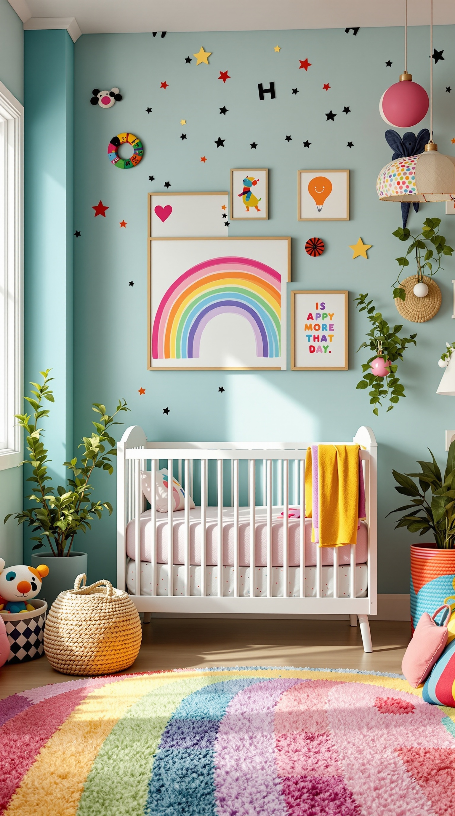 A colorful baby room featuring a rainbow painting, playful wall decals, and a cozy crib.