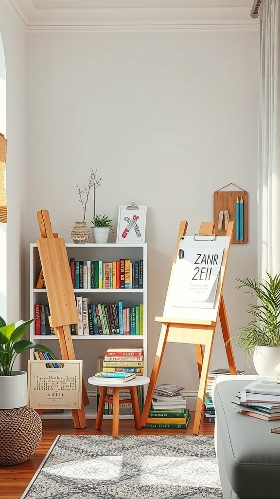 A cozy reading corner with wooden easels, a colorful bookshelf, and plants, creating a warm and inviting atmosphere.