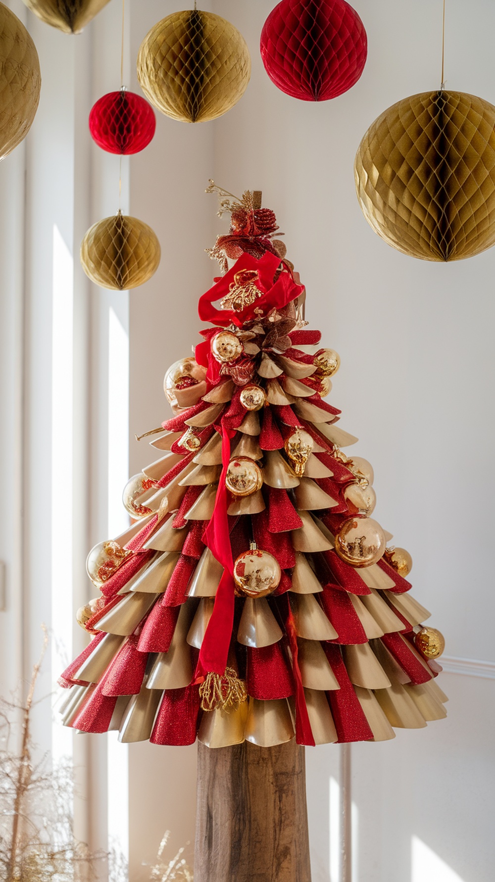 A beautifully designed red and gold Christmas tree with layered decorations and hanging ornaments.