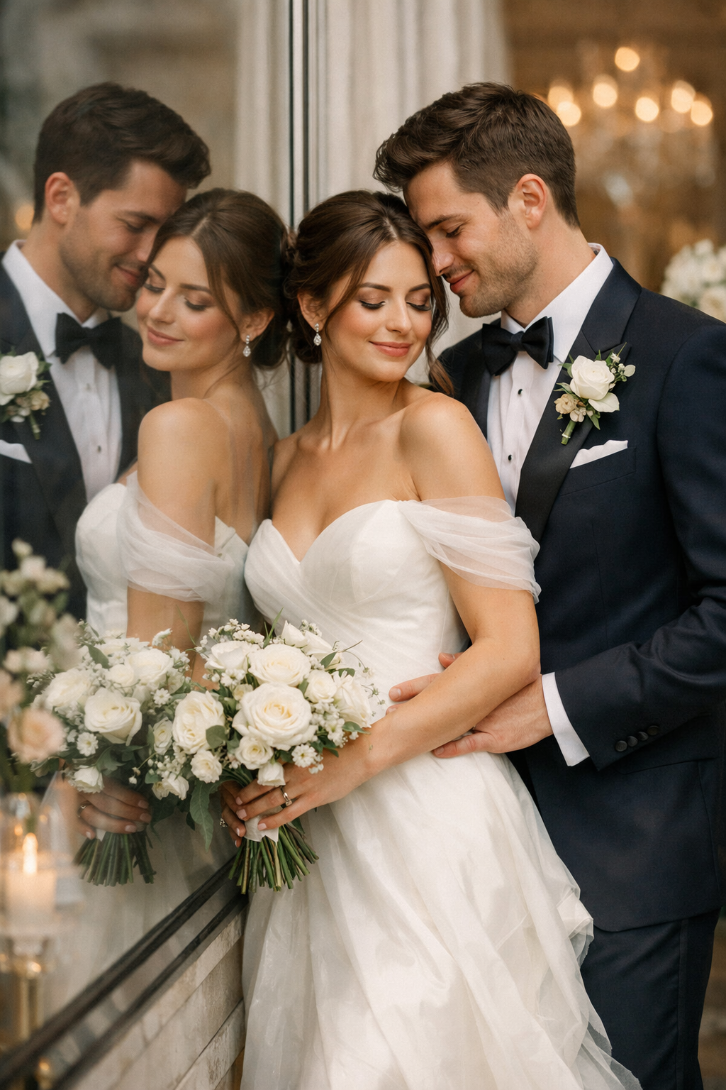 A couple embracing in formal attire, with a focus on the bride's elegant gown and bouquet, against a backdrop featuring reflections.