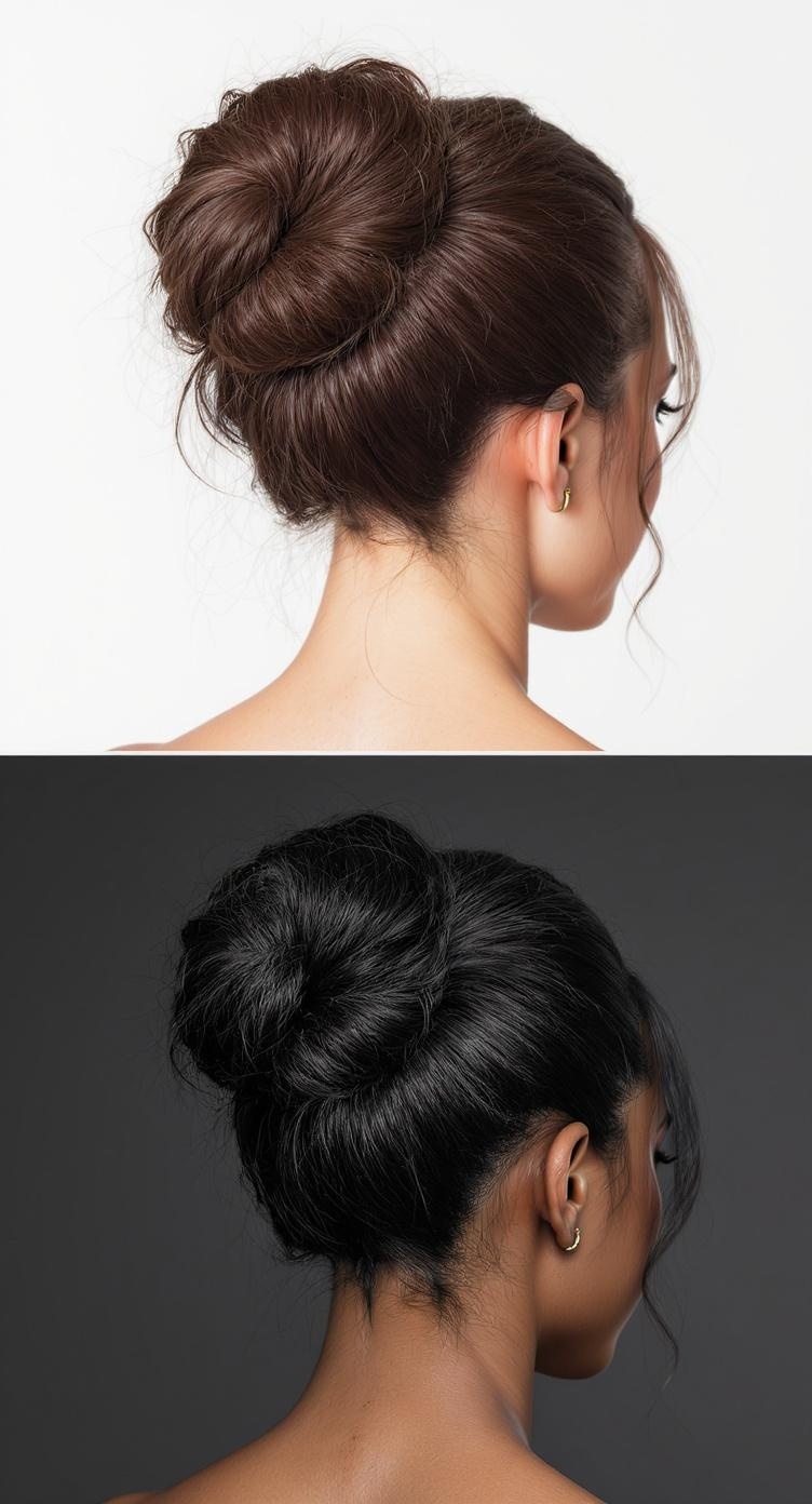 Two artistic sculpted buns, one in brown hair and the other in black hair, showcasing elegant hairstyles.