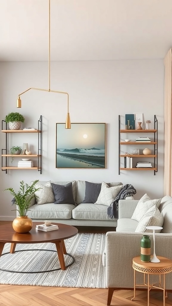 Stylish living room featuring artistic wall shelves with decorative items