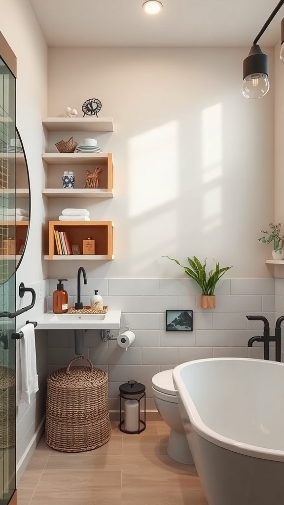 Artistic bathroom shelving with decorative items and plants