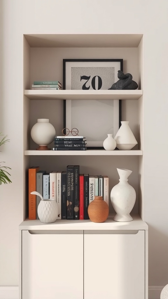 A small bookshelf with books and decorative items arranged artistically.