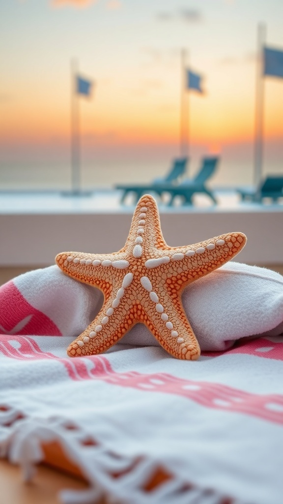 A starfish placed on a folded towel with a sunset background